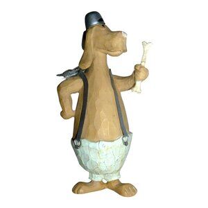 Carved Wood Look Dog Figurine In Overalls Bone Metal Butterfly Hat & Straps Vtg